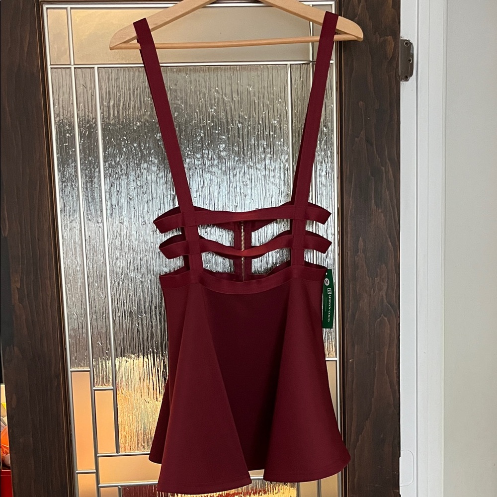 Urban Coco Burgundy Suspender Mini Dress with Gold Zipper & Pearl Embellishment